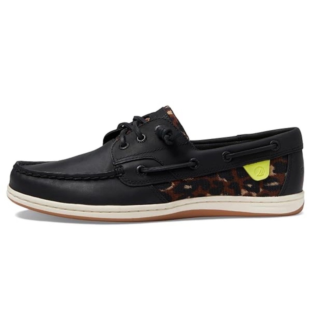 Sperry Women's Songfish boat shoes black leather animal print textile panel 7.5M